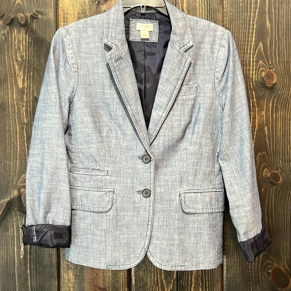 J. Crew Chambray Blazer‎ 2 Denim Blue Office Professional Academia Preppy Cotton